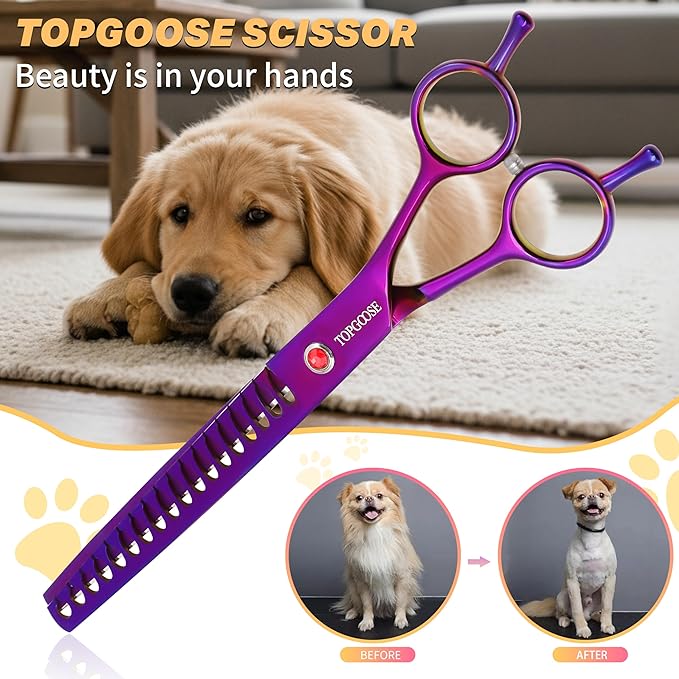 TOPGOOSE 7.5" Dog Grooming Scissor - Professional Thinning Chunker Shear with 18 Teeth Japanese Stainless Steel Hair Scissors for Dogs, Cats and Other Pets (Chunker, Purple)