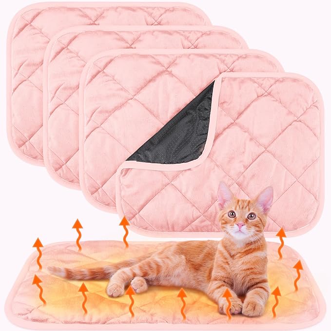 4 Pack Self Heating Cat Pad Self Warming Dog Mat Reflects Body Heat Extra Warm Thermal Pet Pad Washable Dog Cat Bed Crate Bed Mat Blanket (Pink,16 x 20 Inch)