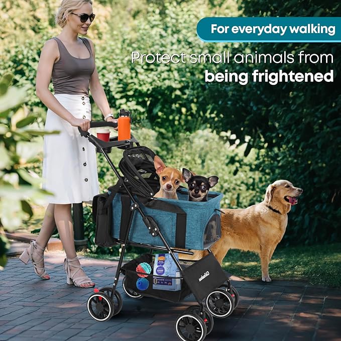 2-in-1 Foldable Pet Stroller with Canopy, 4 Wheels Pet Strolling Cart for Small/Medium Dogs and Cats with Removable Carrier,Breathable Mesh,Mom Tote Bag,Cup Holders,Easy Assembly,Black+Green