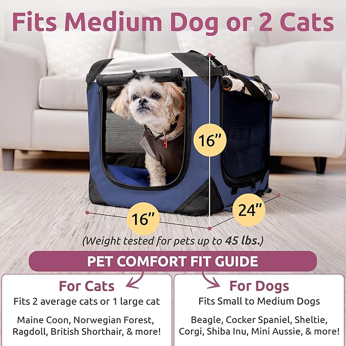 Cat & Dog Pet Carrier, Soft-Sided, Large 24"x16"x16", Fits Large Cat, 2 Cats, or Medium Dog Comfortably, Great for Travel & Vet Visits, Privacy Windows, Removable Bed, Locking Zippers, Foldable