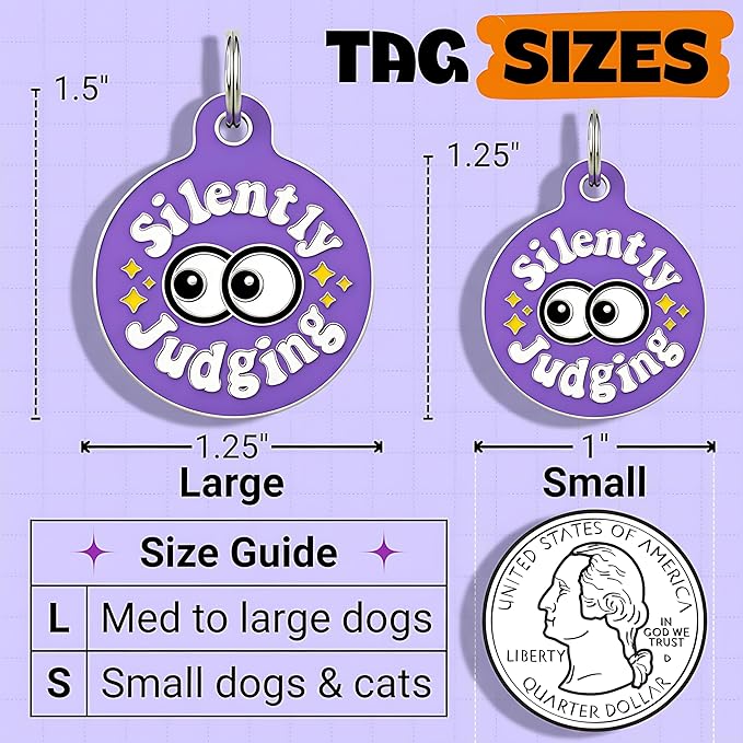 Bad Tags Personalized Dog & Cat ID Tags - Choose from 25+ Tag Designs - Free 5 Lines Custom Engraved - Unique, Cute, Funny, Sassy Pet Tag (Silently Judging - Purple, Large (1.25 inch))