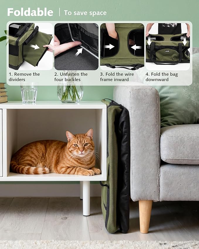 Pecute Cat Carrier for 2 Cats,Dual Cabin Multi Cat Travel Carrier with Removable Divider and Sturdy Frame,Collapsible,Soft,can Hold 20lbs+ for 2 Small Kitten,Medium Dog,Extra Large for Travel,Green
