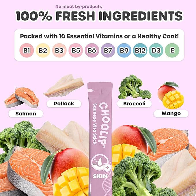 Choolip Squeeze Vita Stick Lickable Cat and Dog Treats, 49-Count Skin and Coat Variety Pack, Salmon and Pollack with Omega-3, Biotin and Vitamin E