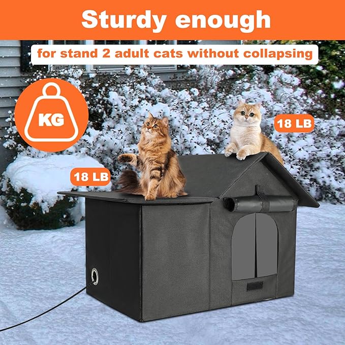 Large Heated Cat House for Outdoor Cats in Winter, Weatherproof Feral Cat Shelter with 2 Pads, Collaspable Insulated Cat Kennel Outside Stray Cat Hut for Wild Small Animal Rabbit