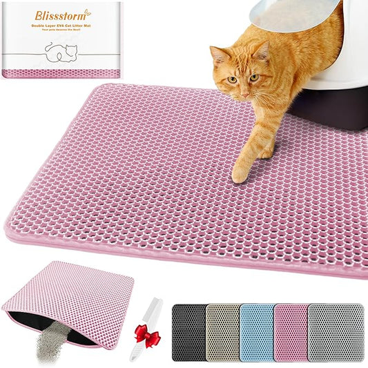 Waterproof Cat Litter Mat, Double Layer EVA, Odor-Free Large Grid, Urine Proof, Easy Cleanup (Pink, 12 x 18)