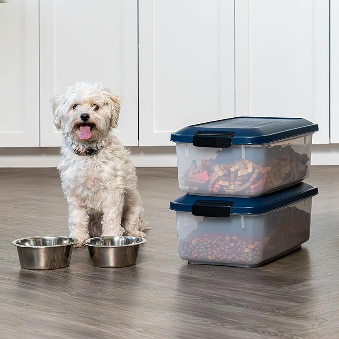 IRIS USA WeatherPro Airtight Pet Food Storage Container, Up to 14 lbs, Dog Cat Bird and Other Pet Food Storage Bin Keep Pests Out Translucent Body BPA Free Stackable, 2 Pack, Navy