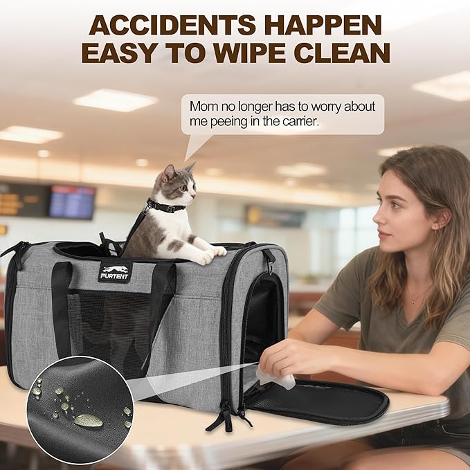 Airline Approved Cat Carrier with Wheels, Airline Cat Carriers in Cabin up to 13lbs, Rolling Soft-Sided Travel Bag for Small Cats and Dogs with Upgraded Wheels and Pet Bowl 16.5 * 11 * 10.2in, Grey