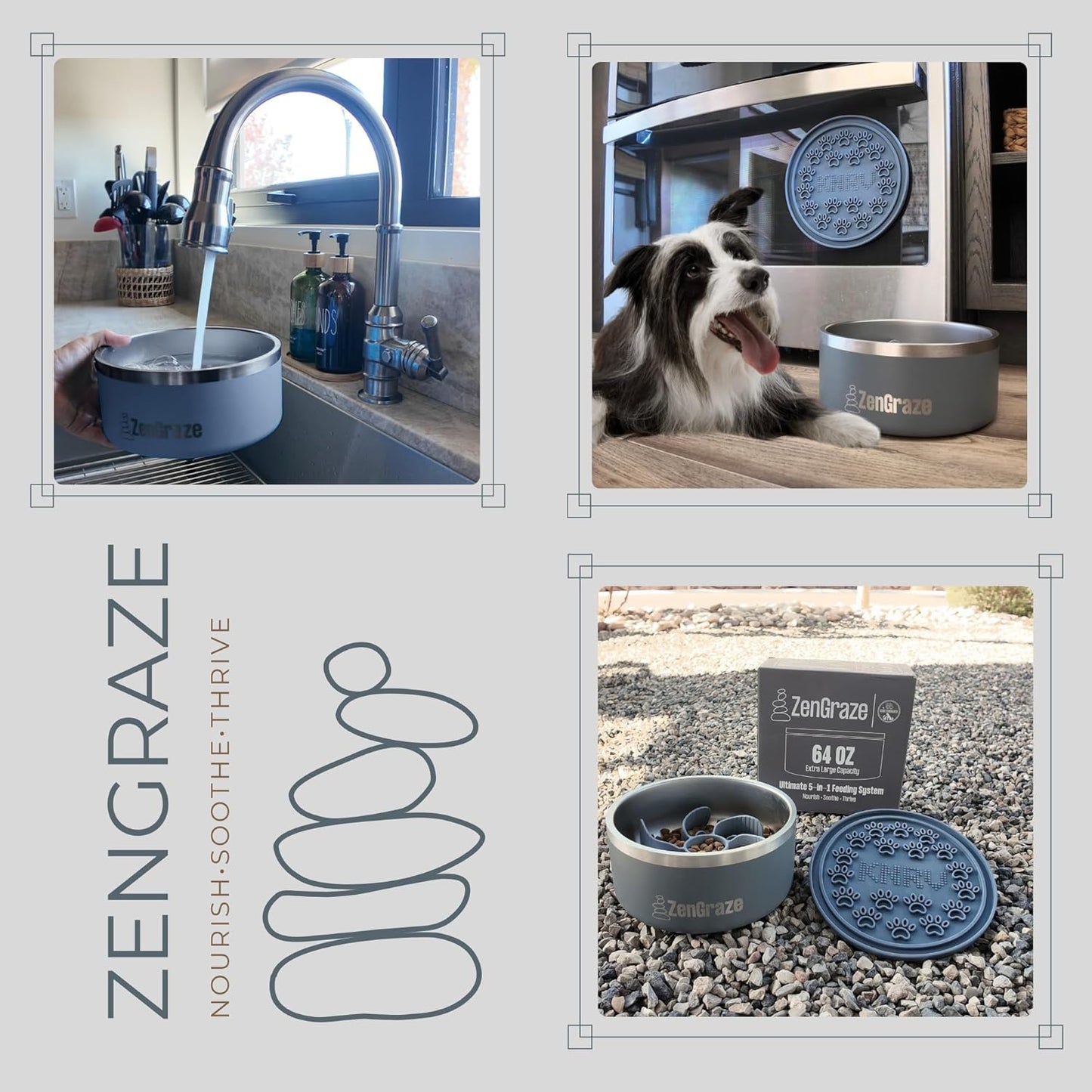 Stainless Steel Slow Feeder Dog Bowl for Large Dogs | 64 oz, Non-Slip Base with Textured Lick Mat Lid & Silicone Slow Feeder Insert – Deep Anti-Gulp Metal Puzzle Bowl for Large Breeds (Steel Gray)