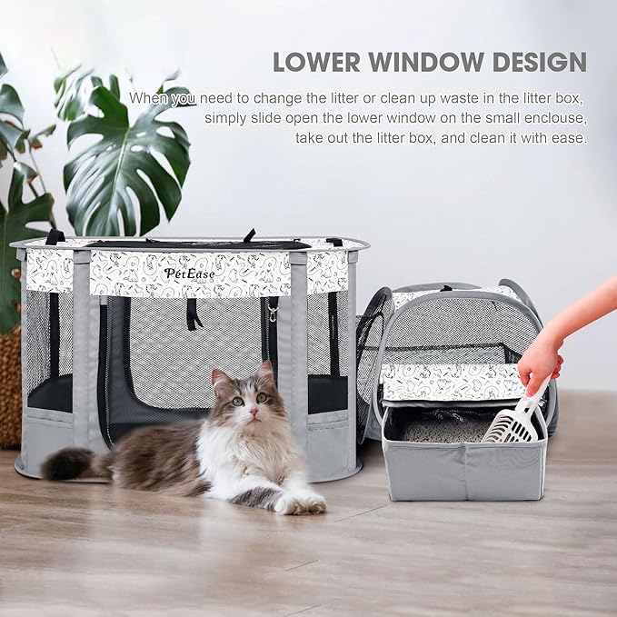 Portable 2-in-1 Dog Crate playpen, Outdoor Cat Playpen with Litter Box Area for Indoor Cats Enclosed Rabbit Puppy Hamster, Indoor/Outdoor Cats Enclosure Cages Tent(Light Gray)