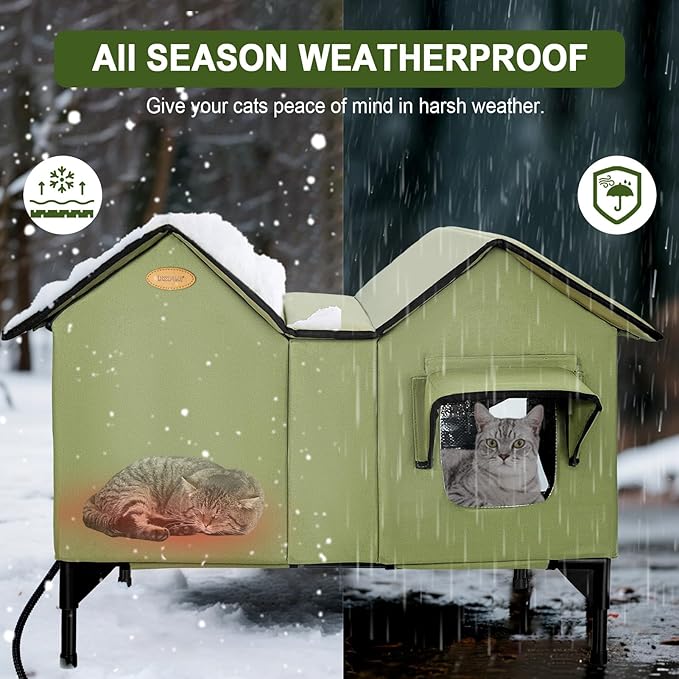 Heated Outdoor Cat House Weatherproof for Winter - Extra Large Heated Cat House for Outside, Elevated Bed, Escape Door, Fully Insulated Feral Cat Shelter for Multiple Cats Small Dogs, Easy Assembly