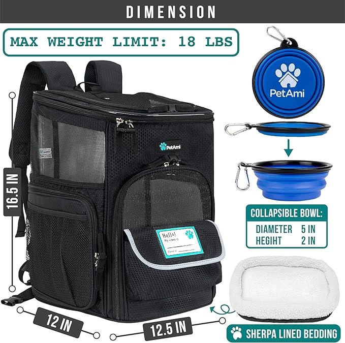 PetAmi Dog Backpack Carrier, Airline Approved Cat Backpacks for Carrying Small Large Cats, Pet Carrier Back Pack, Ventilated Soft Sided for Travel, Hiking, Camping, Max 18 lbs, Black
