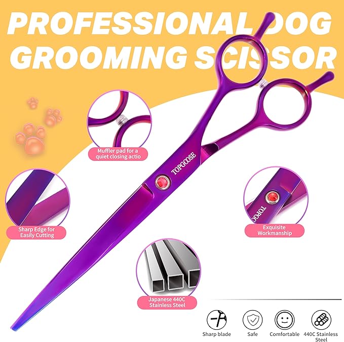 TOPGOOSE Dog Grooming Scissors Kit, Professional 6 in 1 Pet Scissors Sharp Shears Set - Straight, Thinning, Chunker, Curved Shears and Comb for Long Short Hair for Dog Cat (Set, Purple)