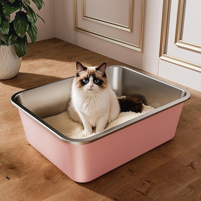 Stainless Steel Litter Box, Large Metal Cat Litter Box with High Sided for Big and Small Cats, Non-Stick, Easy to Clean, Odor-Free, 17.5" L×13.6" W×5.9" H, Blush Pink