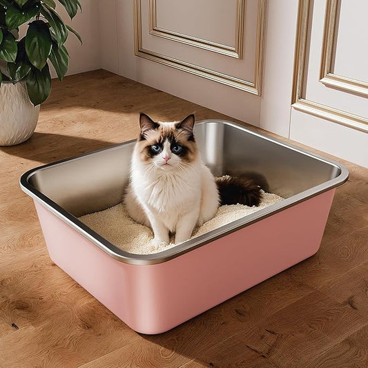 Stainless Steel Litter Box, Large Metal Cat Litter Box with High Sided for Big and Small Cats, Non-Stick, Easy to Clean, Odor-Free, 17.5" L×13.6" W×5.9" H, Blush Pink