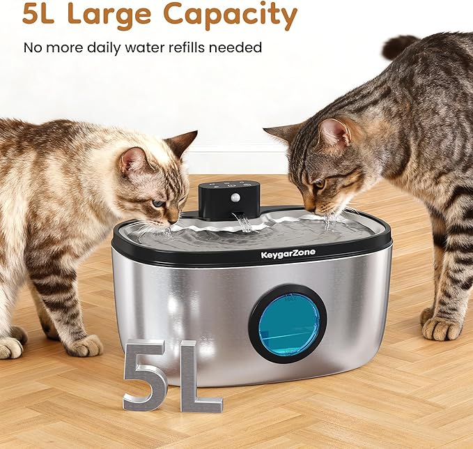Wireless Cat Water Fountain: 5L Stainless Steel Pet Water Fountain for Cats & Dogs, Automatic Battery Operated Water Dispenser, Ultra-Quiet Indoor Fountain with Filter