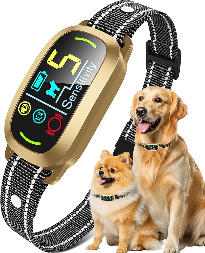Smart AI Bark Collar for Large Medium Small Dogs, Anti Barking Device with 5 Training Modes, Exclusive Forced Bark-Stopping, Rechargeable IP67 Waterproof Bark Collar with 5 Sensitivity (Gold)