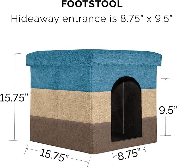 Furhaven Pet House for Indoor Cats & Small Dogs, Collapsible & Foldable w/ Plush Ball Toy - Living Room Footstool Cat Condo - Beach House Stripe (Brown/Blue), Small