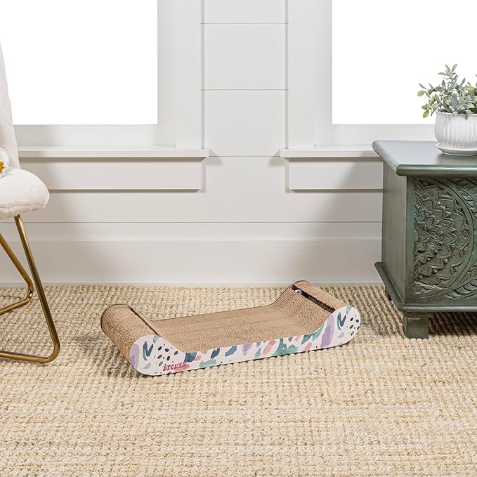 CSR1003A Rini 23.75" Modern Cardboard Lounge Bed Cat Scratcher with Built-in Bell Toys and Catnip, White/Multi