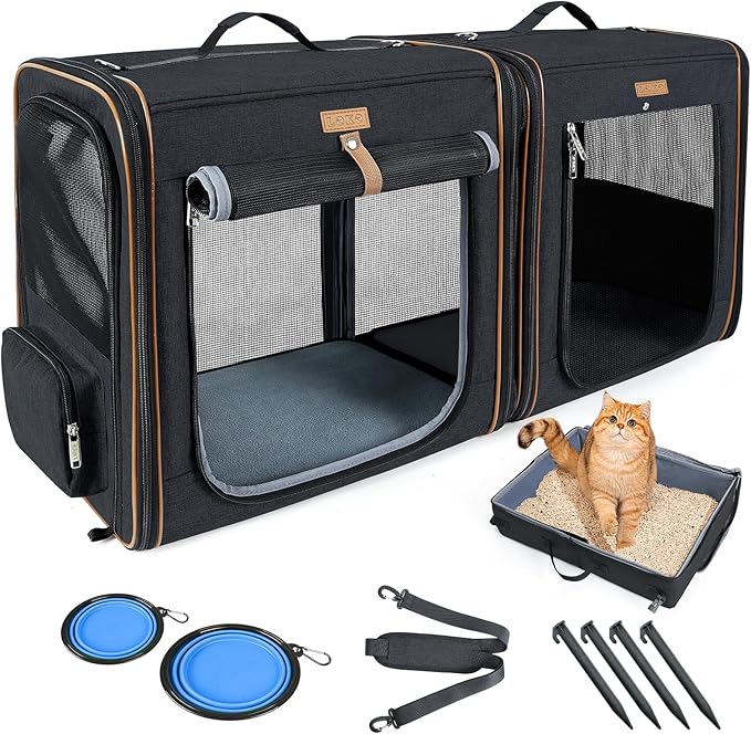Lekereise 2-in-1 Cat Travel Carrier with Litter Box, (20.85" x2) x19.7"x19.7" Large Cat Carrier with Zipper Locks for Moving Across The Country (No Hammock) - Black