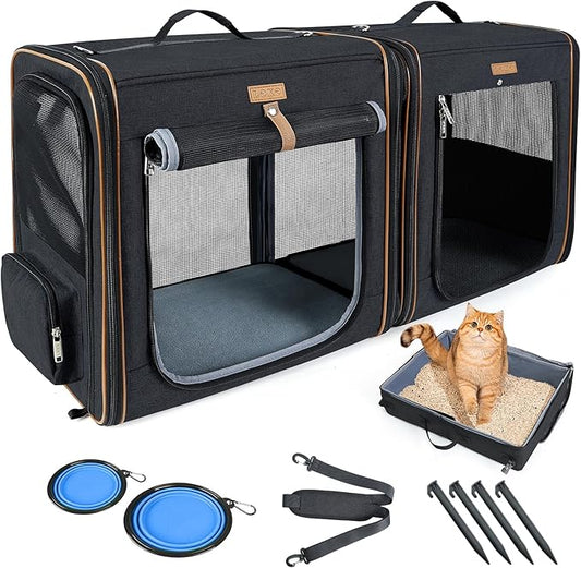 Lekereise 2-in-1 Cat Travel Carrier with Litter Box, (20.85" x2) x19.7"x19.7" Large Cat Carrier with Zipper Locks for Moving Across The Country (No Hammock) - Black
