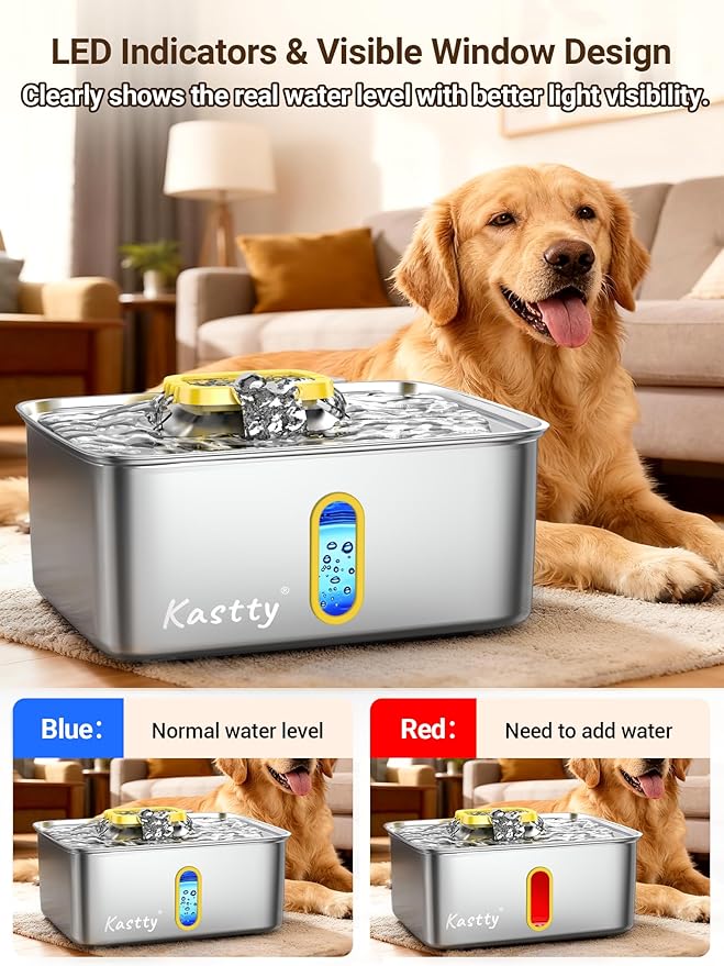 Kastty 3.96 Gal Dog Water Fountain for Large Dogs, 15L Stainless Steel Pet Water Fountain, QuietTriple Filtration Dog Water Bowl Dispenser with Water Level Window and LED Light Easy Clean(FS78,Yellow)