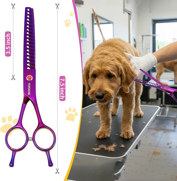 TOPGOOSE 7.5" Dog Grooming Scissor - Professional Thinning Chunker Shear with 18 Teeth Japanese Stainless Steel Hair Scissors for Dogs, Cats and Other Pets (Chunker, Purple)