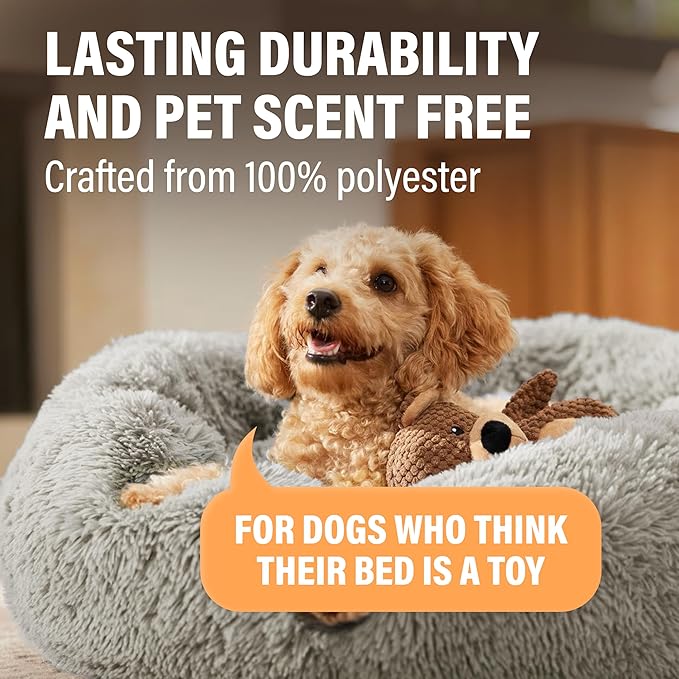 Active Pets Premium Small Donut Dog Bed, Fits Up to 45 lbs, Removable Cover & Washable Cushion, Plush Long Pile Faux Fur Fabric, Portable Beige Pet Bed Furniture for Puppies Adult Canines & Cats