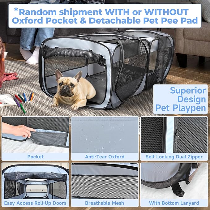 2-in-1 Dog Playpen, 73''Pop Up Cat Puppy Pet Playpen Indoor/Outdoor Cats Enclosed, Cat Dog Tent Crate Cage Kennel, Portable Playpen for Kitten, Small Animals Play Pen(No Divider, Unified Space)