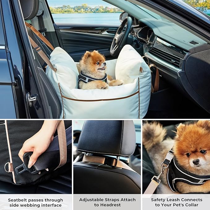 Dog Car Seat for Small Dogs - Waterproof Pet Booster Seat for Car with Clip-On Safety Leash, Soft Travel Carrier for Puppy up to 25 lbs, Memory Foam Filling and 2 Adjustable Buckles, Beige