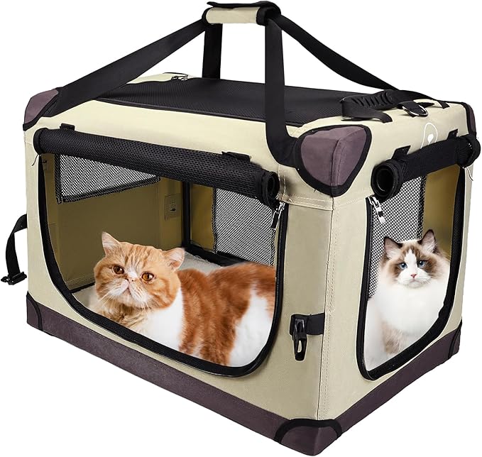 Large Cat Carrier for Car Travel, Soft Sided Collapsible Pet Carrier for Outdoor and Indoor Uses, Roomy Extra Large Cat Carrier for 2 Kittens or Puppies Up to 50lbs (Brown)