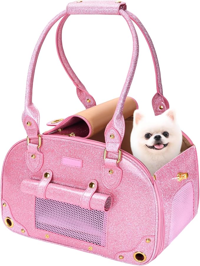 PetsHome Dog Carrier Purse, Pet Carrier, Bling Waterproof Premium Leather Pet Travel Portable Bag Carrier for Cat and Small Dog Home & Outdoor Small Bling Pink