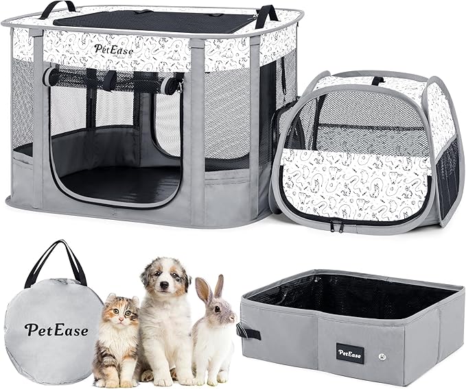 Portable 2-in-1 Dog Crate playpen, Outdoor Cat Playpen with Litter Box Area for Indoor Cats Enclosed Rabbit Puppy Hamster, Indoor/Outdoor Cats Enclosure Cages Tent(Light Gray)