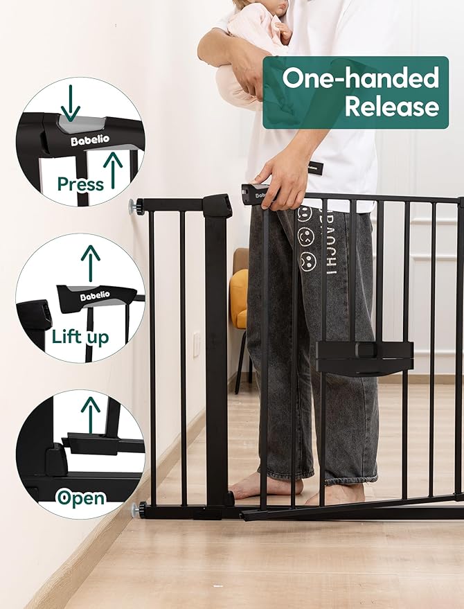 BABELIO 29-48" Extra Wide Baby Gate with Cat Door, Auto Close Metal Pet Door for Stairs, Doorways, House, Pressure/Hardware Mounted, Easy Walk Thru, Black