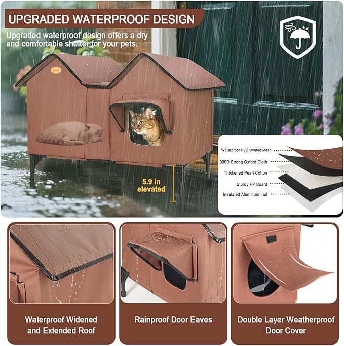 Heated Outdoor Cat House Weatherproof for Winter - Extra Large Heated Cat House for Outside, Elevated Bed, Escape Door, Fully Insulated Feral Cat Shelter for Multiple Cats Small Dogs, Easy Assembly