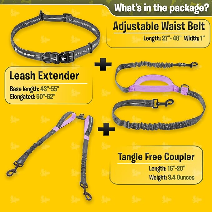 Pet Dreamland Exquisite Hands Free Dual Dog Leash for Large Dogs. Trending Waist Leash for Walking 2 Dogs No Tangle. You Will Absolutely Love This Amazing Double Dog Gear (Dark Grey & Pink)
