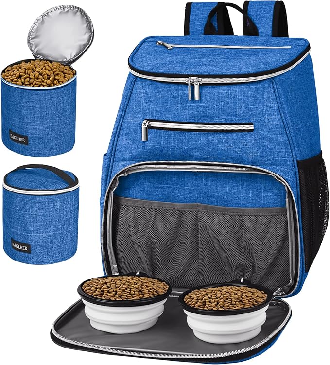 BAGLHER丨Dog Travel Bag Backpack, Airline Approved Pet Supplies Backpack, Dog Travel Bag with 2 Silicone Collapsible Bowls and 2 Food Baskets Blue