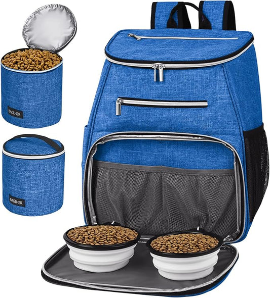 BAGLHER丨Dog Travel Bag Backpack, Airline Approved Pet Supplies Backpack, Dog Travel Bag with 2 Silicone Collapsible Bowls and 2 Food Baskets Blue