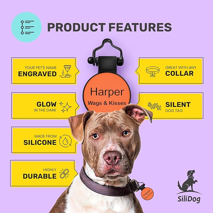 SiliDog - The Original Silicone Silent Dog Tag - Personalized Engraved Soundless Pet ID - As Seen On Shark Tank - Durable - Never Fades
