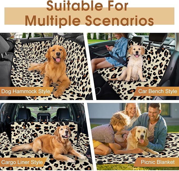 Waterproof Dog Car Seat Cover for Back Seat - Durable, Scratch Proof Pet Hammock with Nonslip Design & Storage Pockets, Fits Cars, SUVs, Trucks- S, Leopard/Black
