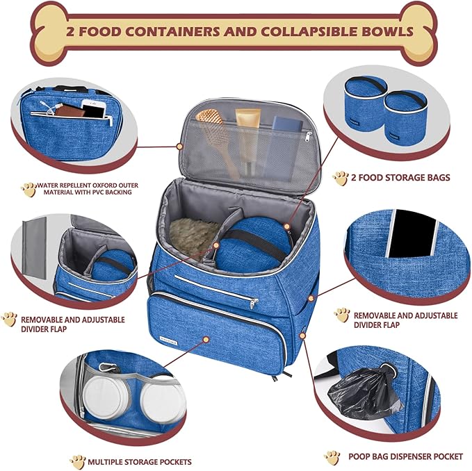 BAGLHER丨Dog Travel Bag Backpack, Airline Approved Pet Supplies Backpack, Dog Travel Bag with 2 Silicone Collapsible Bowls and 2 Food Baskets Blue