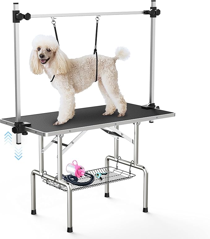Lyromix 46''Large Dog Grooming Table, Adjustable Cat Drying Desktop with Arms, Nooses, Mesh Tray, Foldable Pet Station at Home, Maximum Capacity Up to 330Lb, 46inch, Black, 46in