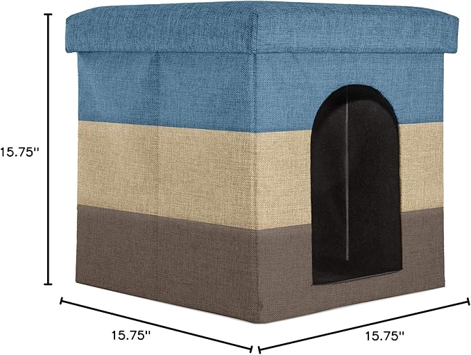 Furhaven Pet House for Indoor Cats & Small Dogs, Collapsible & Foldable w/ Plush Ball Toy - Living Room Footstool Cat Condo - Beach House Stripe (Brown/Blue), Small