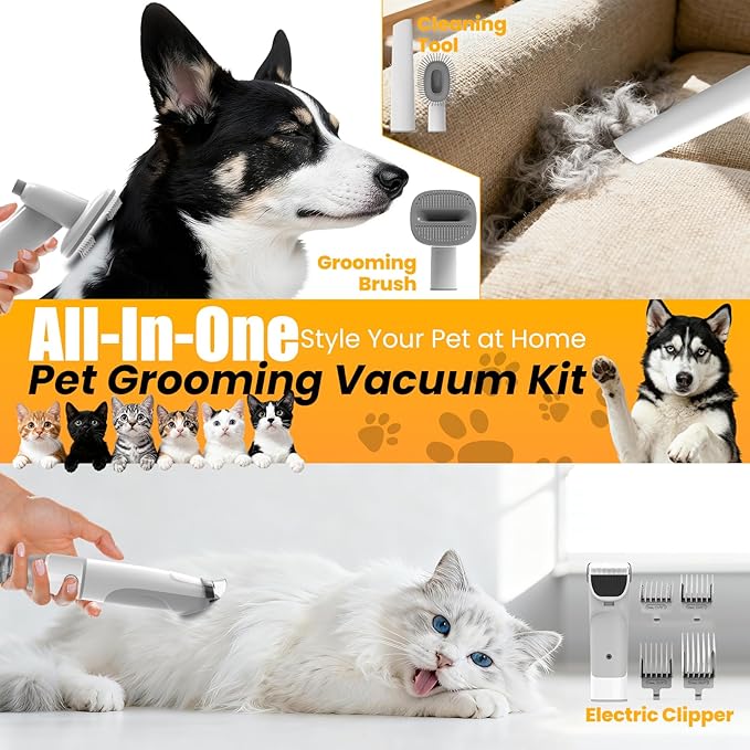 Dog Grooming Vacuum, All-in-One Pet Grooming Kit with Hair Clipper & Shedding Brush, Low Noise 12,000Pa Dog Hair Remover Vacuum, Pet Groomer Set with Cleaning Brushes, PG01