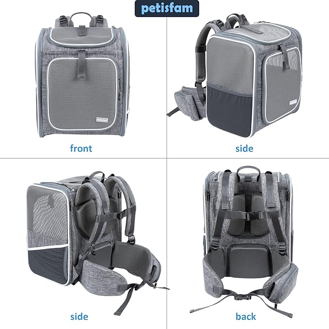 petisfam Ergonomic Design Pet Backpack Carrier for Medium Cats and Small Dogs. Better Stability and Less Turbulence, Well Padded, 4 Pockets, Breathable, Easy Storage