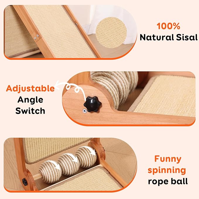 3 Transformable Shapes Cat Scratching Post - Adjustable L-Shape Sisal Scratcher with Multiple Fresh Fun Play Modes, 100% Natural Solid Beechwood& Sisal, Eco-Friendly Furniture Protector（1 Pack）