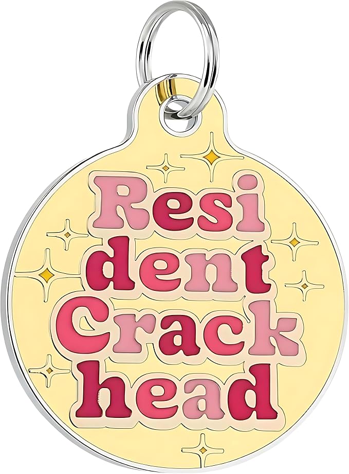 Bad Tags Personalized Dog & Cat ID Tags - Choose from 25+ Tag Designs - Free 5 Lines Custom Engraved - Unique, Cute, Funny, Sassy Pet Tag (Resident Crackhead - Yellow, Large (1.25 inch))