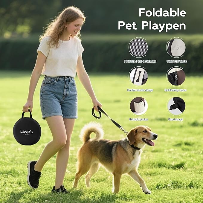 Love's cabin Pet Puppy Dog Playpen, Large Dog Tent Crates Cage Indoor/Outdoor, Portable Exercise Playpen for Cat, Foldable Pop Up Dog Kennel Playpen with Carring Case (L, Brown)