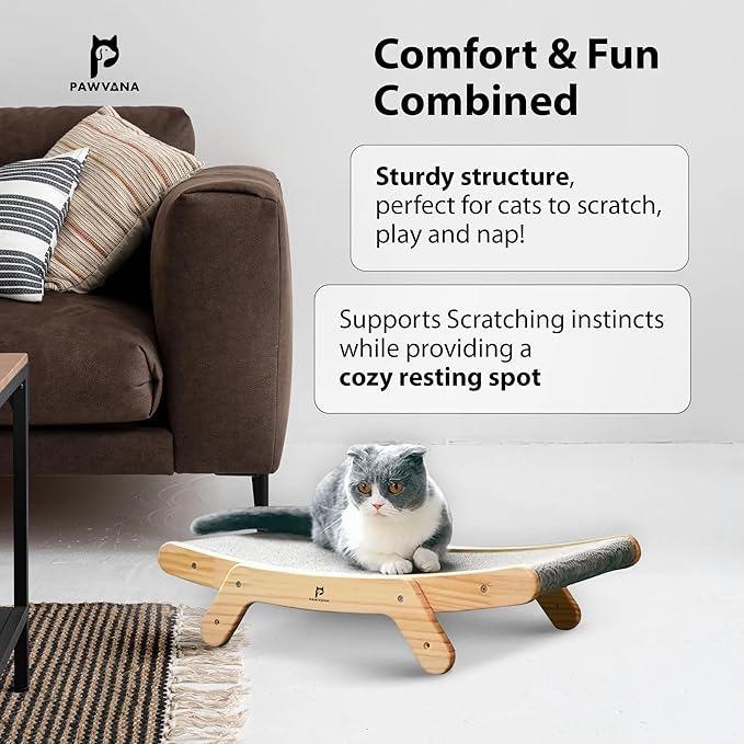 Cat Scratching Board, 3-Position Corrugated Cardboard Cat Scratcher & Lounger with Natural Wood Frame. Large Cats Scratch Pad & Bed for Kittens & Adults. Cat Enrichment & Furniture Protector
