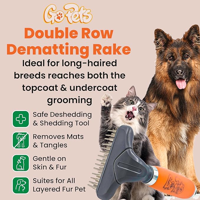 GoPets Dematting Comb & Undercoat Rake Bundle, Double-Sided Deshedding Brush for Dogs & Cats, Grooming Tool for Long Haired Pets, Mat Remover & Detangler for Thick Coats, Reduces Shedding & Breakage
