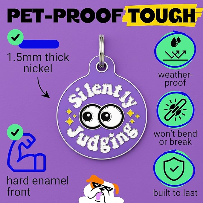 Bad Tags Personalized Dog & Cat ID Tags - Choose from 25+ Tag Designs - Free 5 Lines Custom Engraved - Unique, Cute, Funny, Sassy Pet Tag (Silently Judging - Purple, Large (1.25 inch))